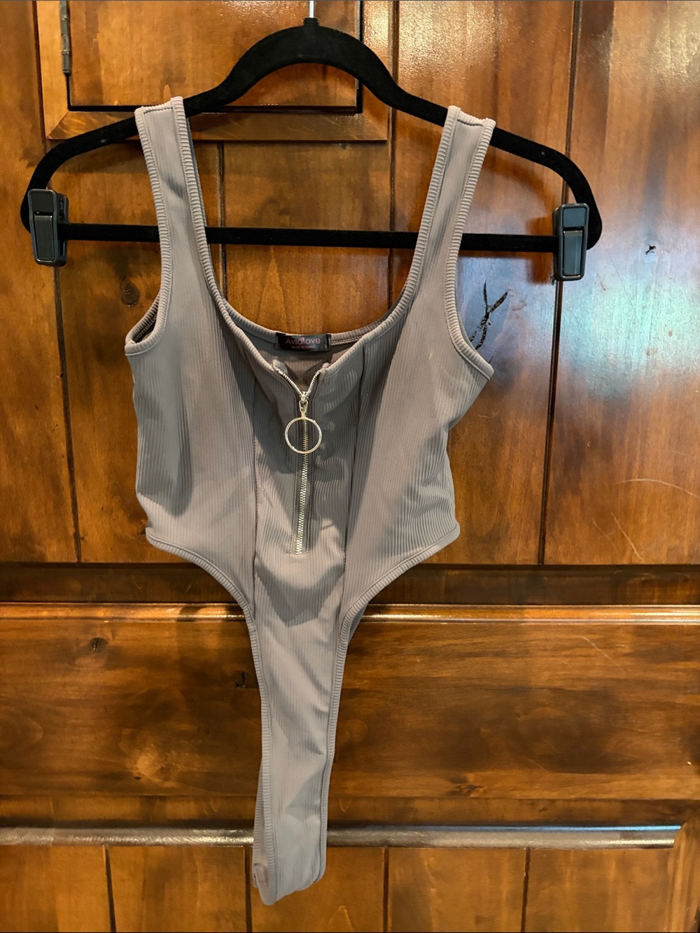 🩶 Ribbed Zip-Front One-Piece Bodysuit in Grey